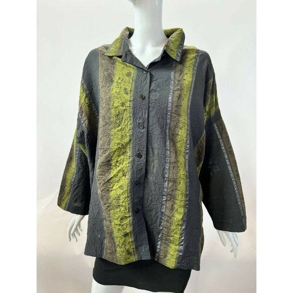 Blanque Womens Button Front Shirt Green Gray Stripe Long Sleeve Collared Plus 2X - Picture 1 of 12